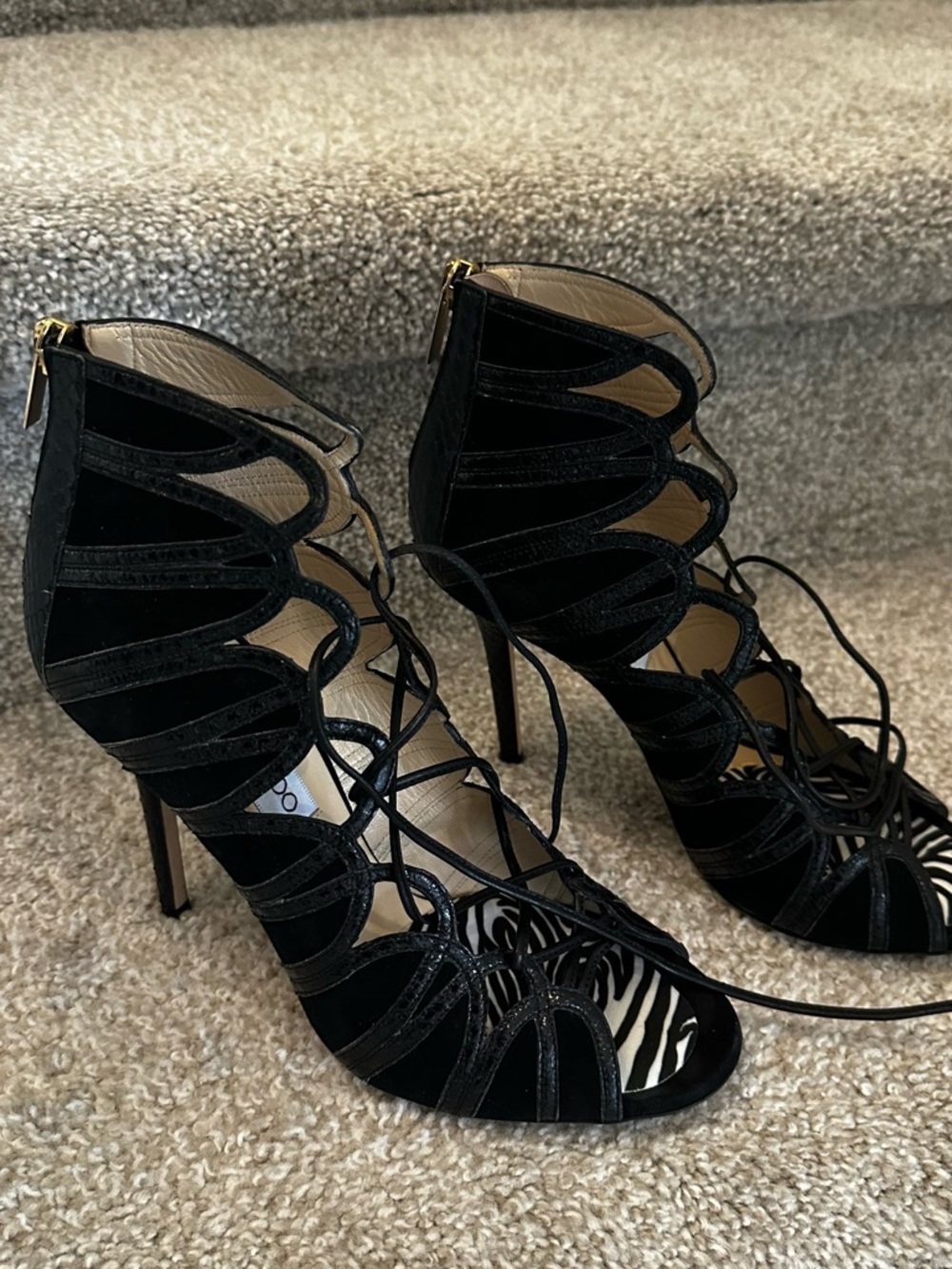 Jimmy Choo Black Suede/Leather Lace-up High Heel Sandals - Women's Fashion Heels